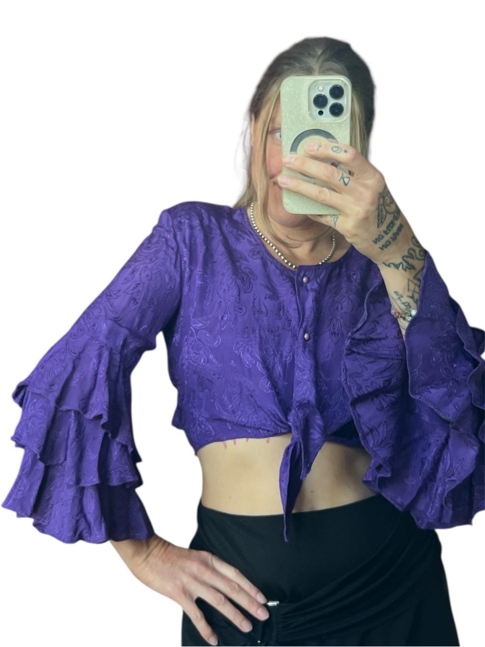 Vintage City Chic Deep Purple Tie-Front Ruffle Sleeve Blouse